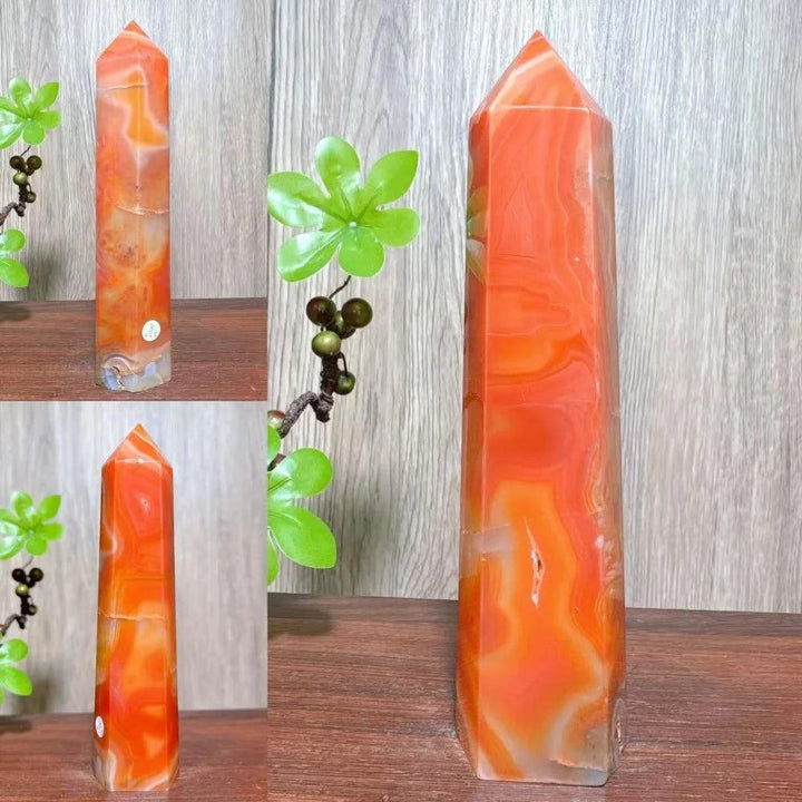 Natural red carnelian agate geode tower, a unique healing crystal for home decor and Reiki energy.