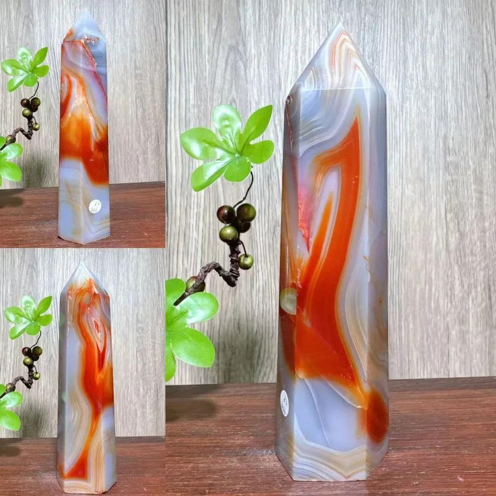 Natural red carnelian agate geode tower, a unique healing crystal for home decor and Reiki energy.