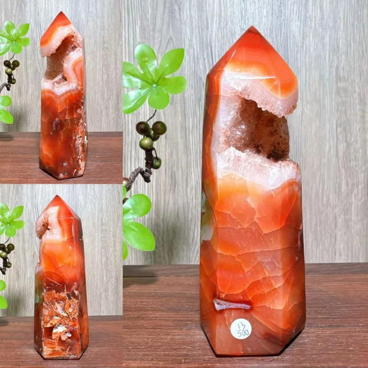 Natural red carnelian agate geode tower with raw crystal interior, ideal for healing and home decor.
