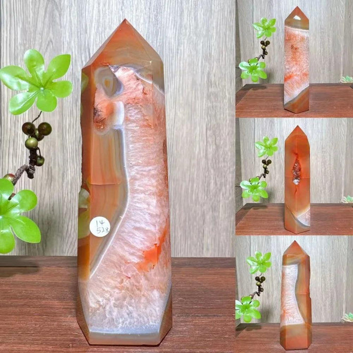 Natural red carnelian agate geode tower with white and orange banding, a healing crystal for home decor.