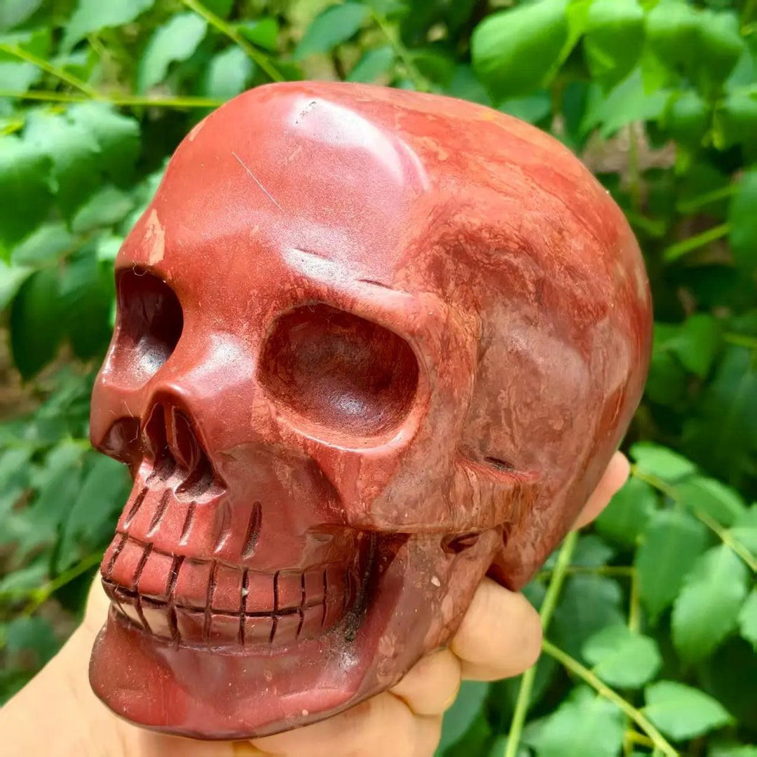 Hand-polished Natural Red Jasper skull, a vibrant red healing crystal carving perfect for Reiki and mineral collections.