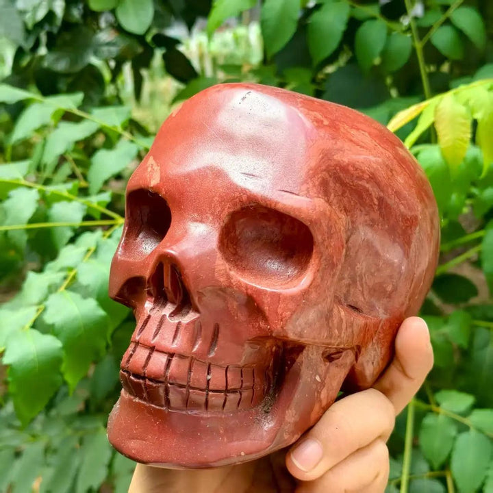 Hand-polished Natural Red Jasper skull, a grounding healing crystal carving with deep red tones and intricate skull detailing.