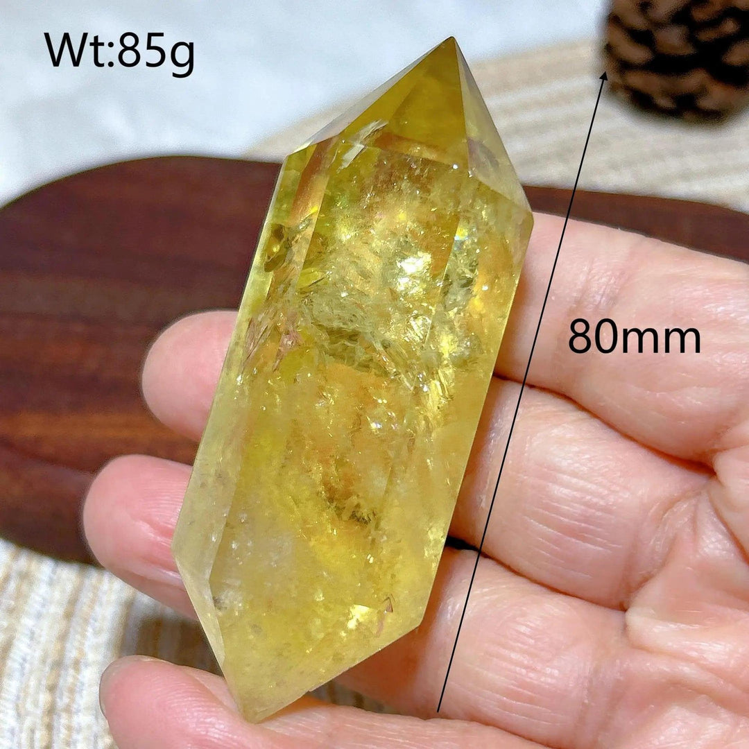 Natural yellow Citrine double tower crystal, 80mm, 85g, for energy healing and home decor.
