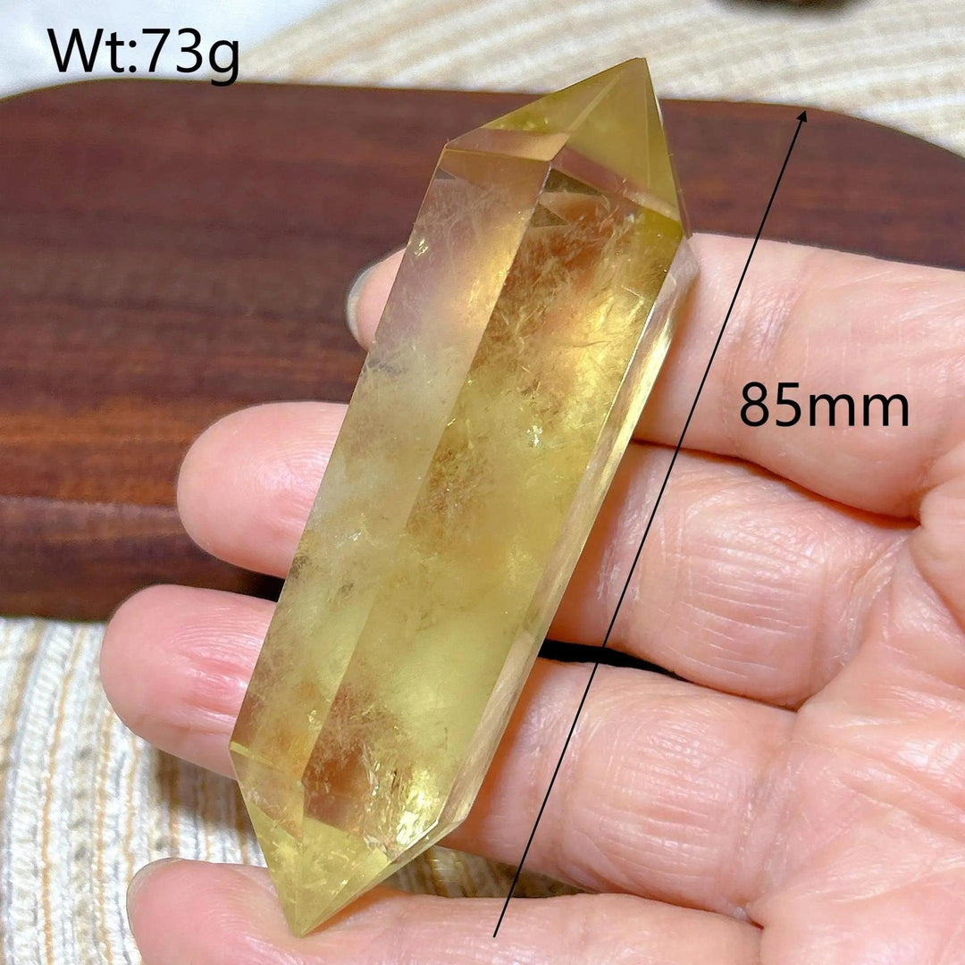 Natural yellow Citrine double tower crystal, 85mm long, for energy healing and decor.