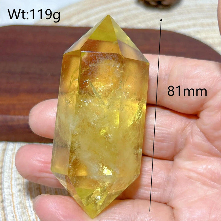 Natural Citrine double tower crystal, 81mm tall, 119g, with warm yellow hues for energy and decor.