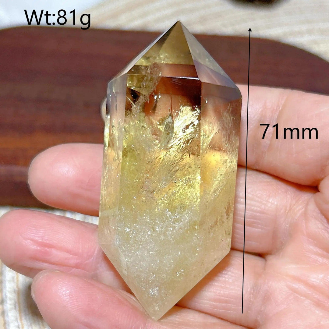 Natural Smokey Citrine double tower crystal, 71mm, 81g, with warm yellow and brown hues.