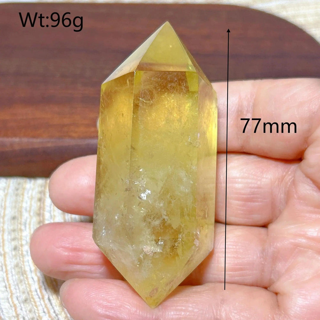 Natural yellow Citrine double tower crystal, 77mm tall, 96g, for energy healing and home decor.