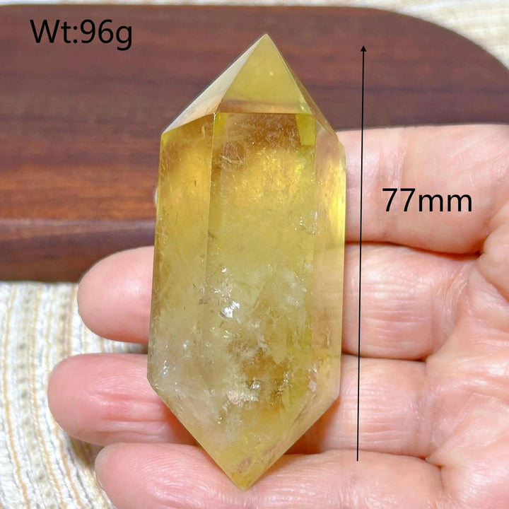 Natural yellow Citrine double tower crystal, 77mm tall, 96g, for energy healing and home decor.