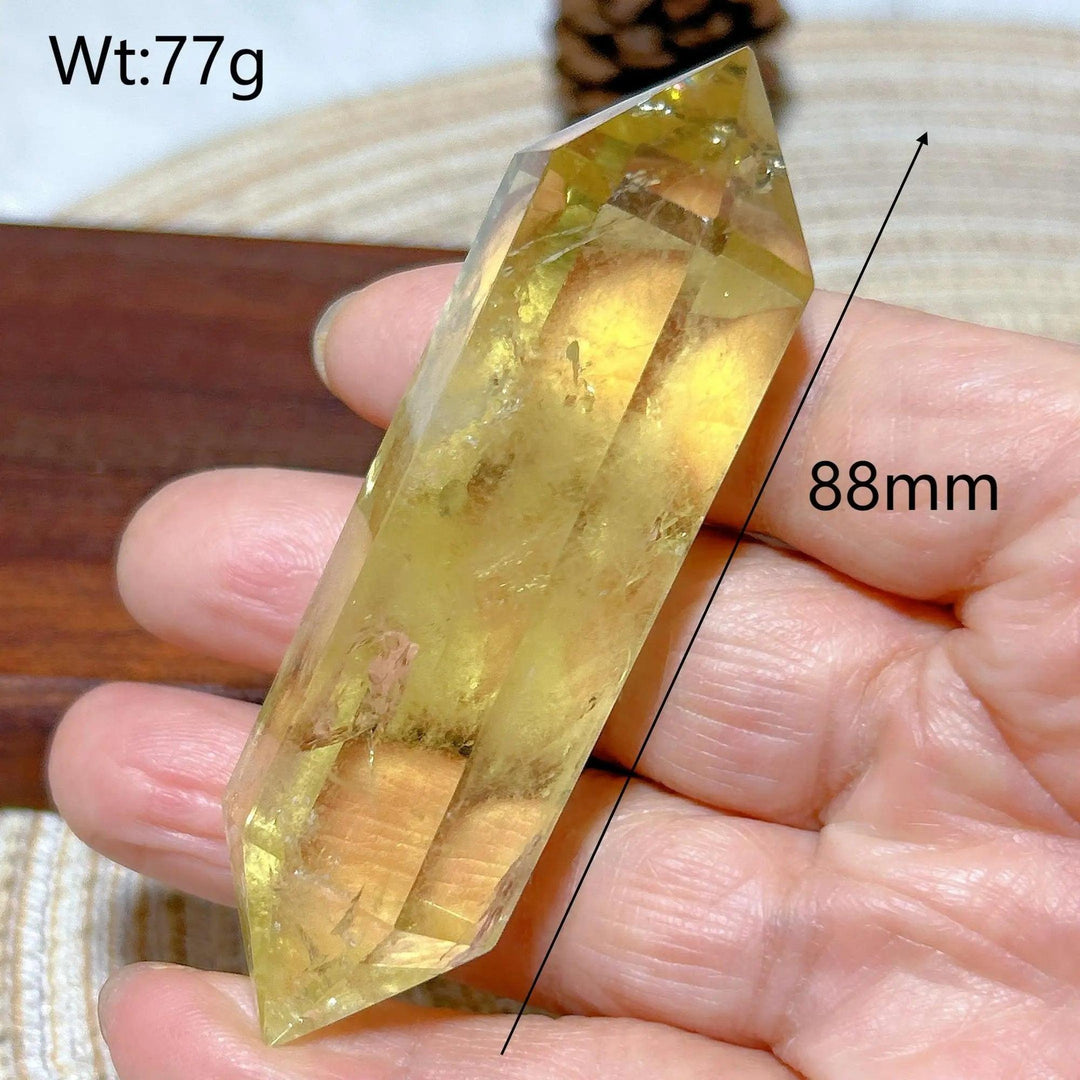 Natural yellow Citrine double tower crystal, 88mm long, 77g, for energy healing and home decor.