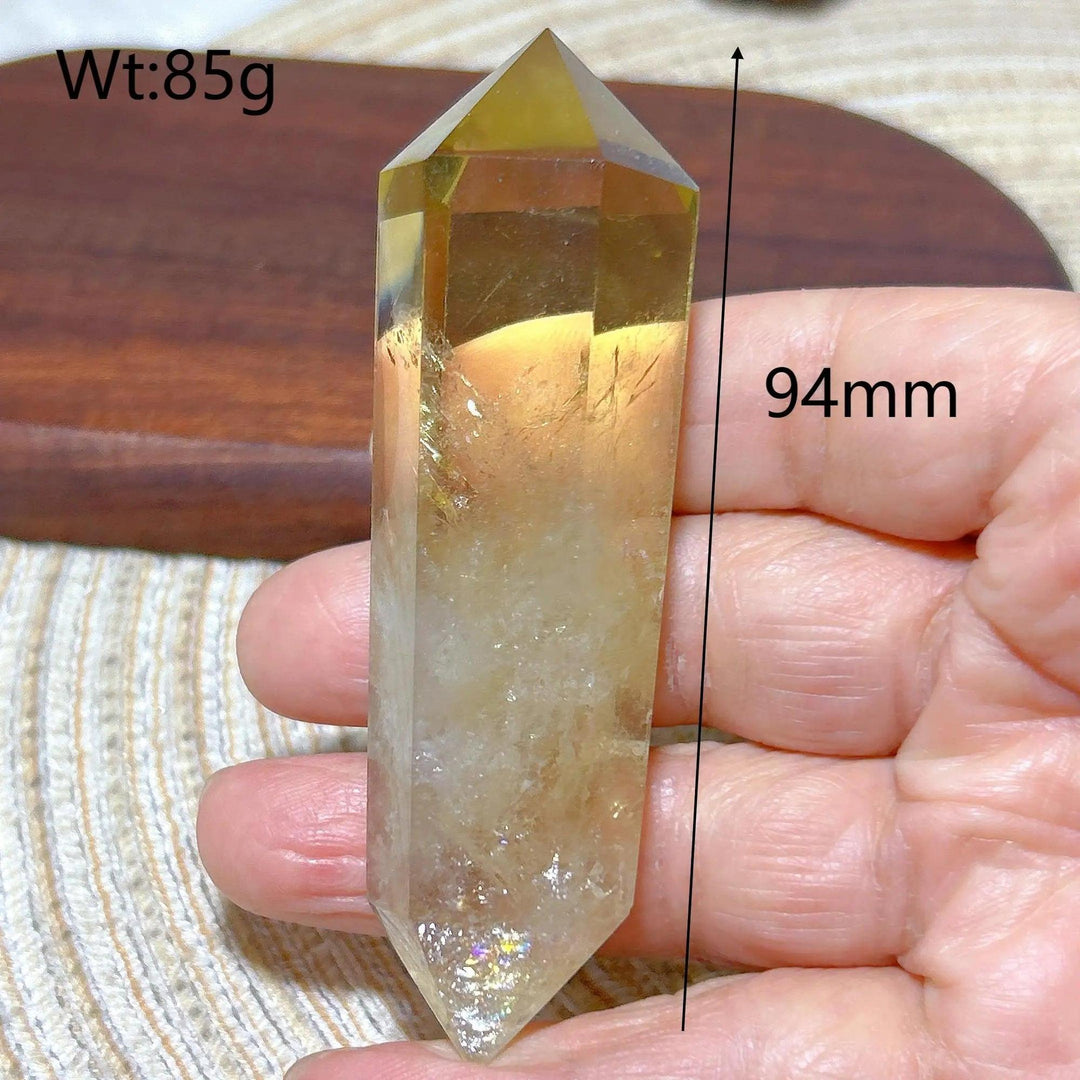 Natural Citrine crystal double tower, 94mm tall, 85g, with warm yellow and clear hues for healing and decor.
