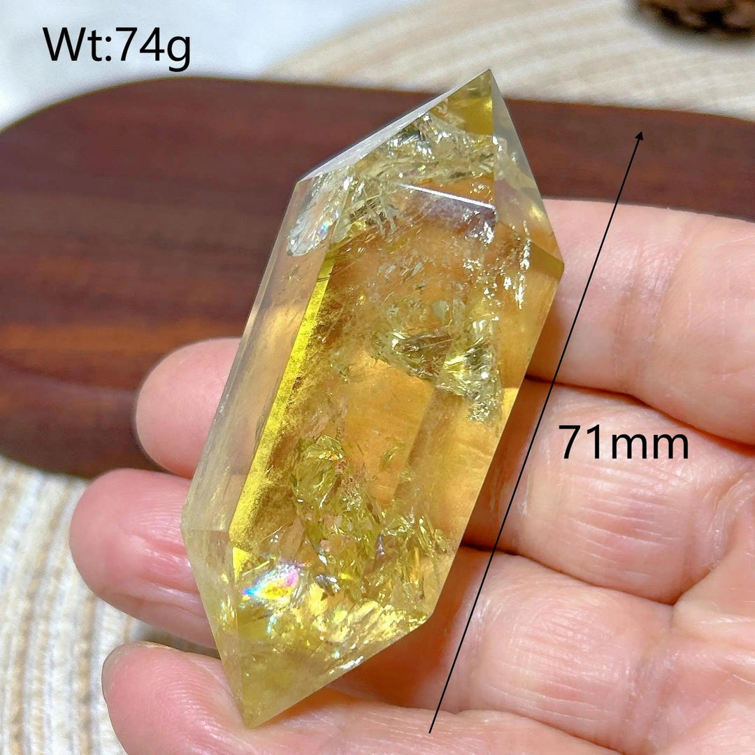 Natural golden citrine crystal double tower, 71mm, 74g, for energy healing and home decor.