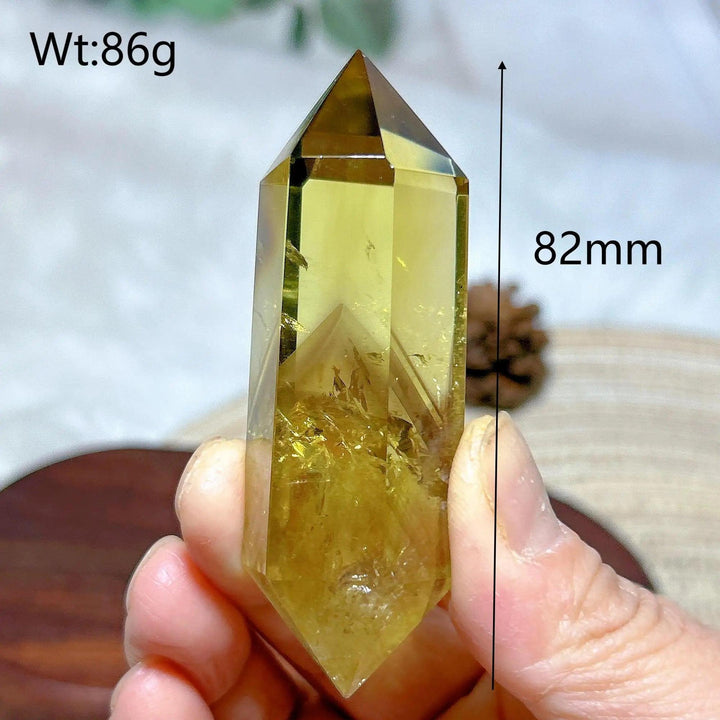 Natural yellow citrine double tower crystal, 82mm tall, for energy healing and home decor.
