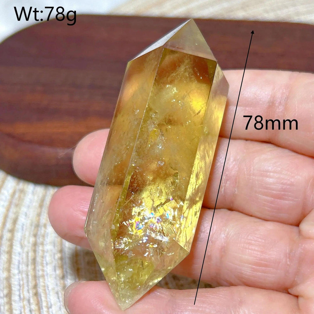 Natural Smokey Citrine double tower crystal, 78mm, with golden hues and iridescent inclusions.