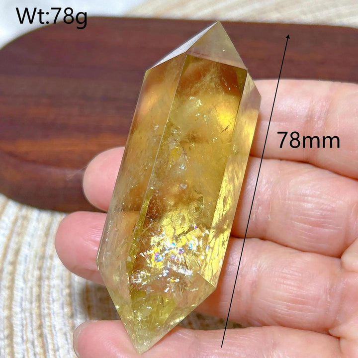 Natural Smokey Citrine double tower crystal, 78mm, with golden hues and iridescent inclusions.