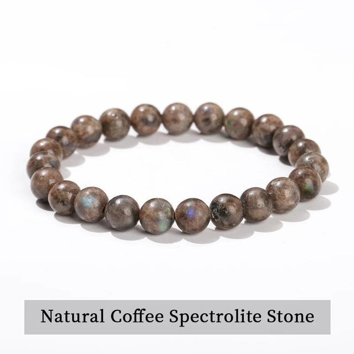 Natural Coffee Spectrolite beaded bracelet, a grounding crystal stretch accessory with shimmering iridescent tones.