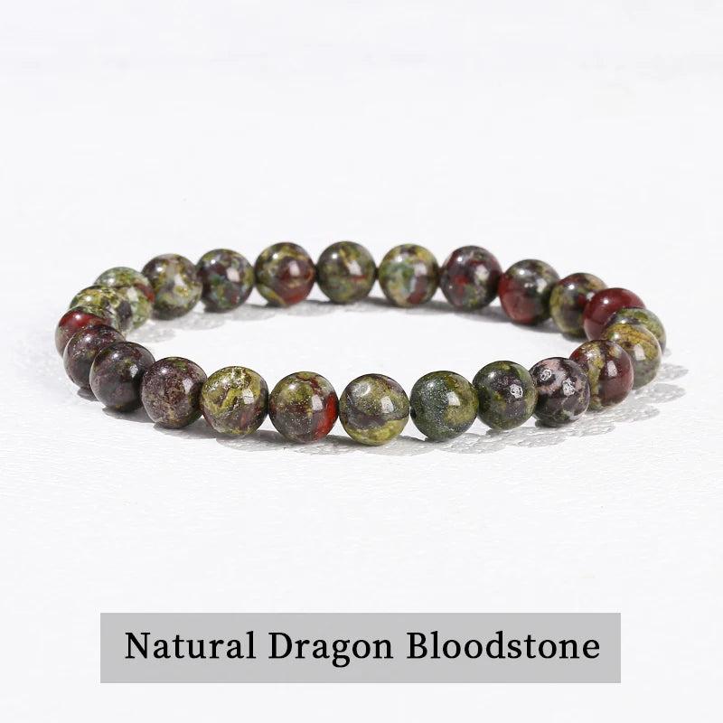 Natural Dragon Bloodstone beaded bracelet, a stretch crystal accessory featuring earthy green and red grounding stones.