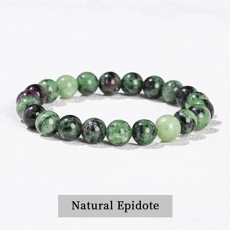 Natural Epidote beaded bracelet with green and pink stones, an elastic stretch design for grounding and heart chakra healing.