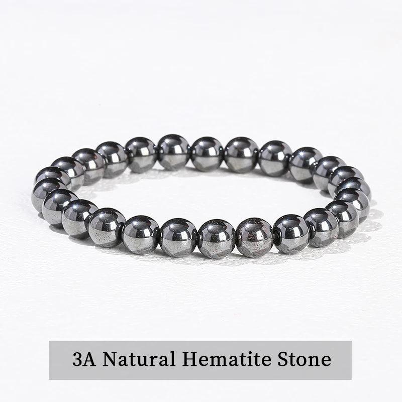 Natural Hematite stone beaded bracelet with a metallic, grounding finish on a comfortable elastic stretch band.
