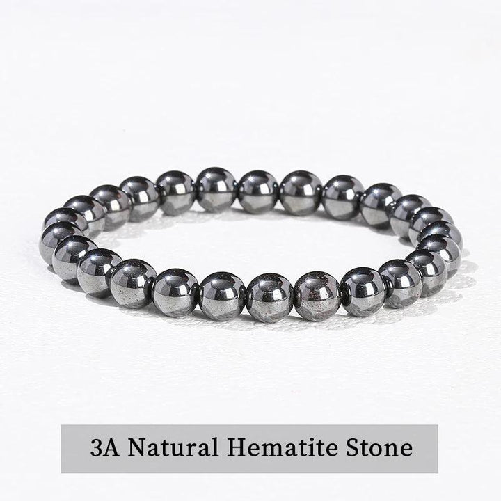 Natural Hematite stone beaded bracelet with a metallic, grounding finish on a comfortable elastic stretch band.