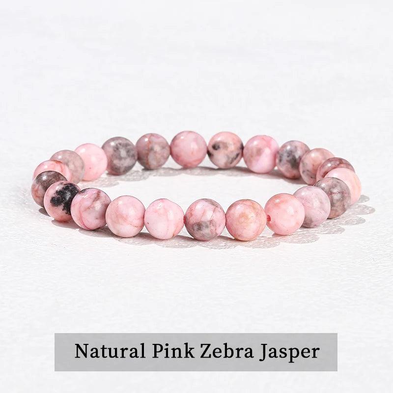 Pink Zebra Jasper beaded bracelet, a natural stone stretch accessory with smooth, grounding earth-toned crystal beads.