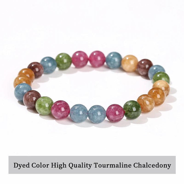 Natural stone beaded bracelet featuring colorful, smooth Tourmaline Chalcedony beads on a comfortable stretch band.