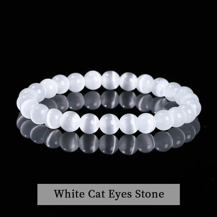 White Cat Eye natural stone beaded bracelet with a smooth, glowing finish on a stretchy, comfortable elastic band.