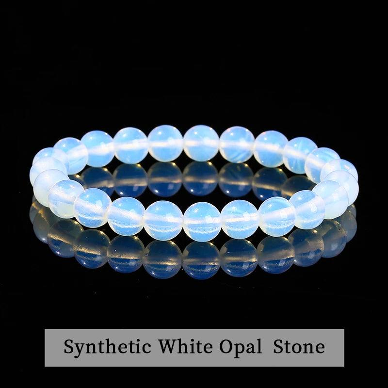 Natural stone beaded bracelet featuring glowing white opal beads on a comfortable, elastic stretch band for daily wear.