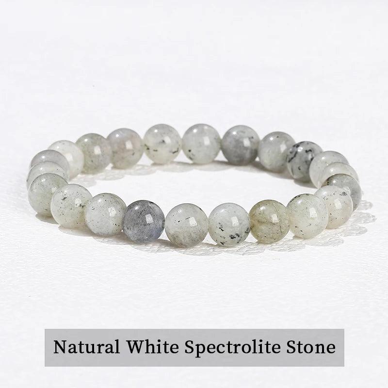 Natural White Spectrolite beaded bracelet, a smooth, elastic gemstone accessory for grounding and chakra healing.