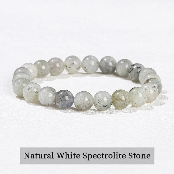 Natural White Spectrolite beaded bracelet, a smooth, elastic gemstone accessory for grounding and chakra healing.
