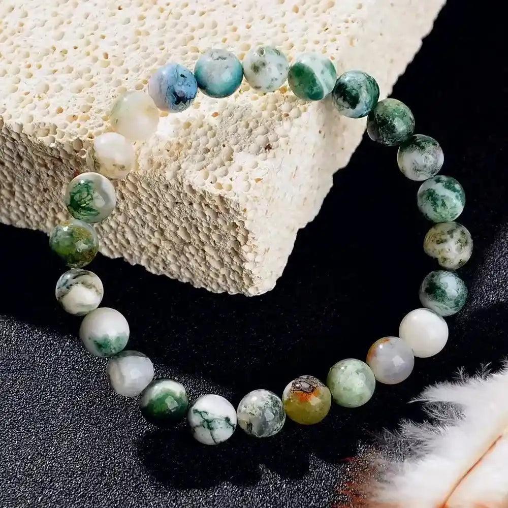 Natural Stone Beaded Healing Bracelet with polished green, white, and blue moss agate beads for grounding and balance.