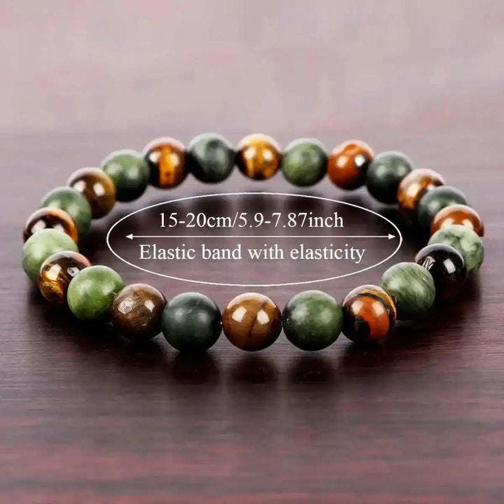 Natural Stone Beaded Healing Bracelet with polished green and tiger eye beads on an elastic band, 15-20cm.