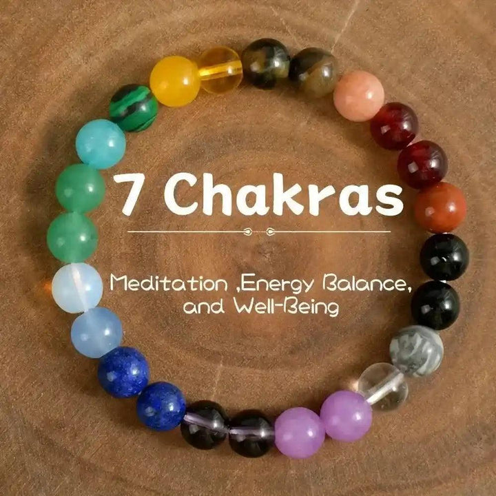 Colorful 7 Chakra Natural Stone Beaded Healing Bracelet for meditation, energy balance, and well-being.