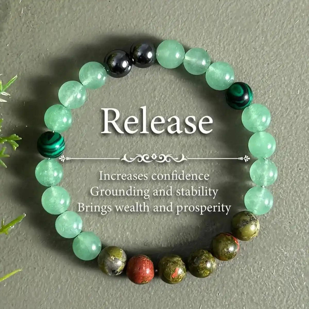 Natural Stone Beaded Healing Bracelet: "Release" with green aventurine, malachite, hematite, and jasper beads.