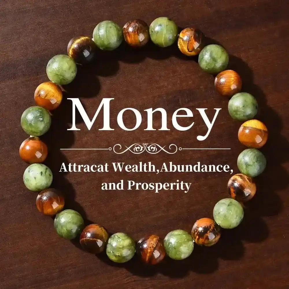 Polished green aventurine and tiger's eye natural stone beaded healing bracelet for attracting wealth and abundance.