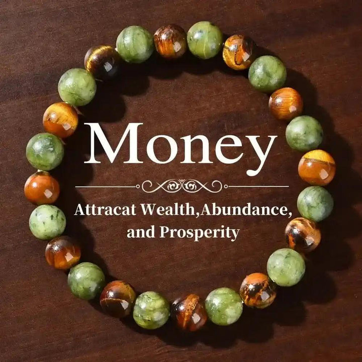 Polished green aventurine and tiger's eye natural stone beaded healing bracelet for attracting wealth and abundance.