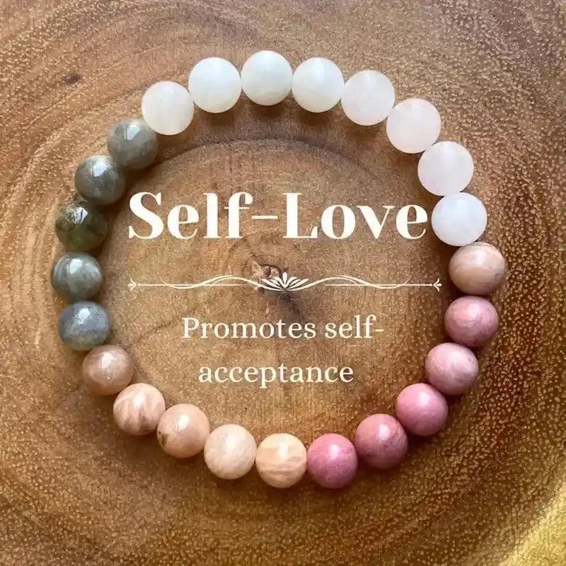 Natural Stone Beaded Healing Bracelet with varied pink, white, and gray polished beads promoting self-love.