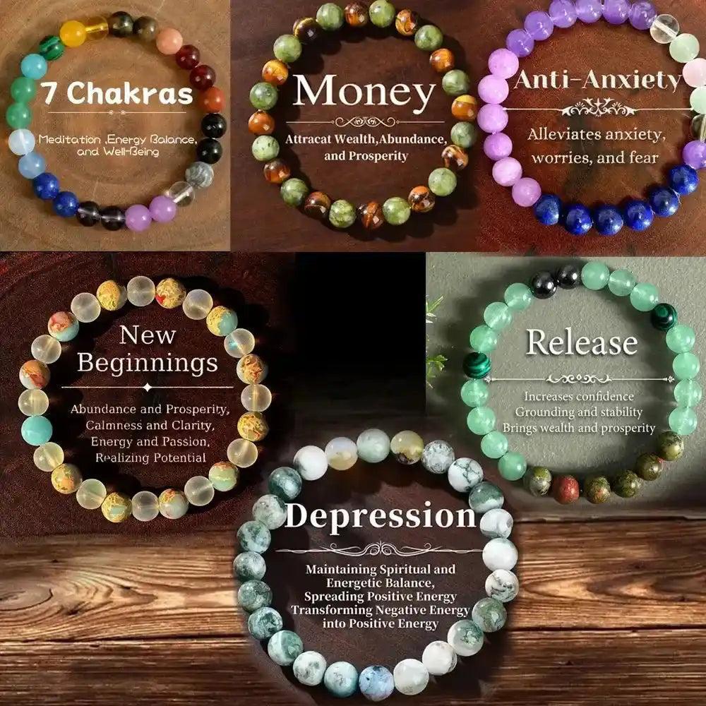 Assorted natural stone beaded healing bracelets, including chakra, money, anti-anxiety, new beginnings, release, and depression.