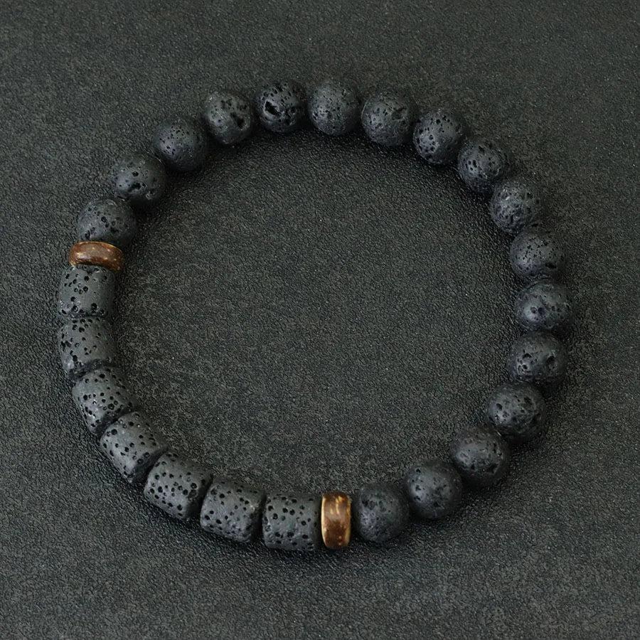 Natural Stone Coconut Bead Handmade Men's Bracelet with dark lava stone beads and two gold-tone coconut accents.