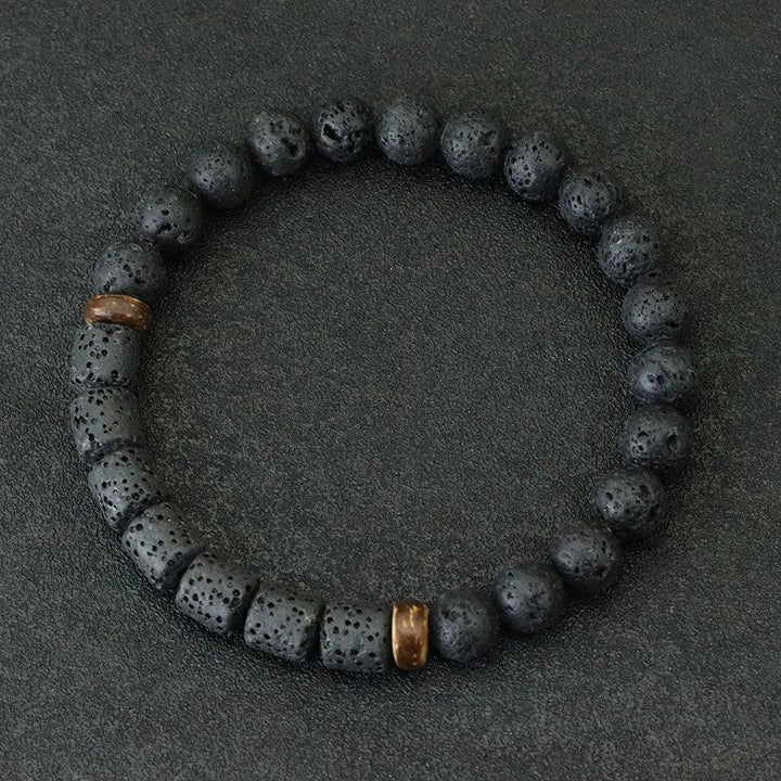 Natural Stone Coconut Bead Handmade Men's Bracelet with dark lava stone beads and two gold-tone coconut accents.