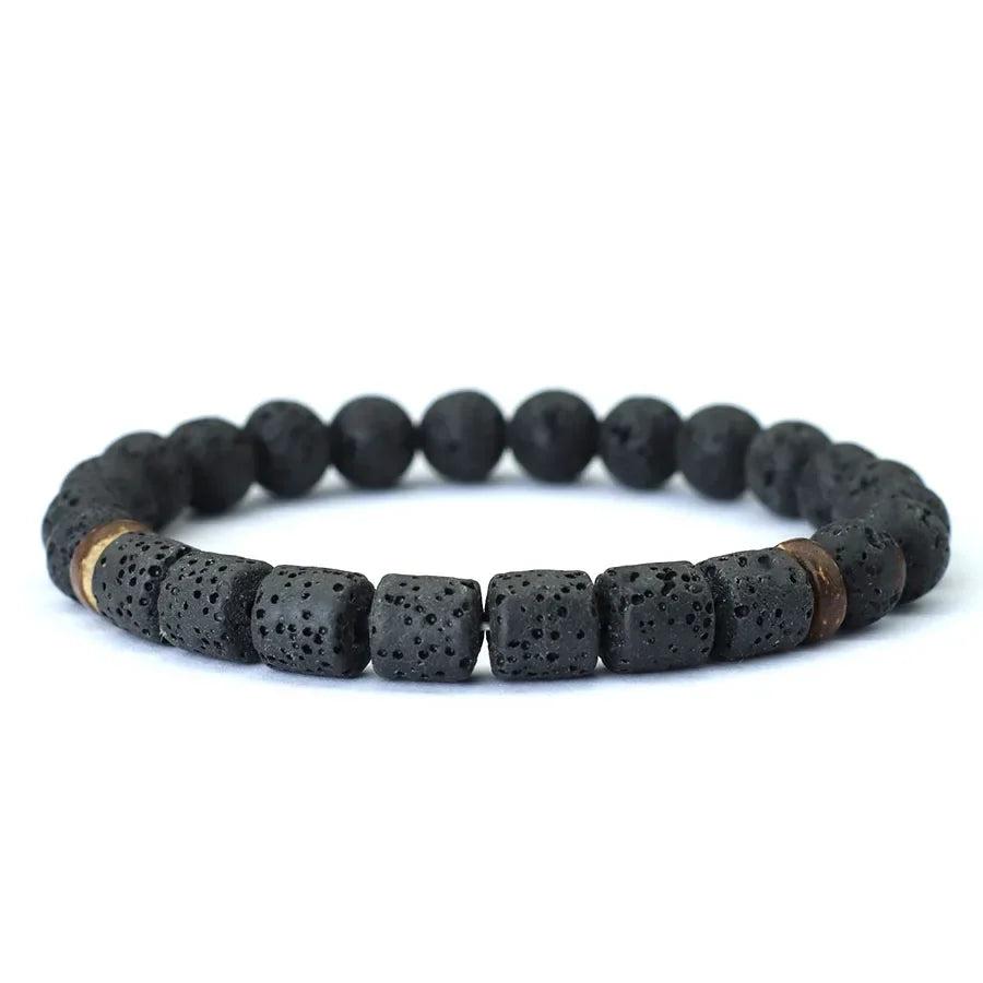 Natural Stone Coconut Bead Handmade Men's Bracelet with grounding black lava stone and organic coconut accents.