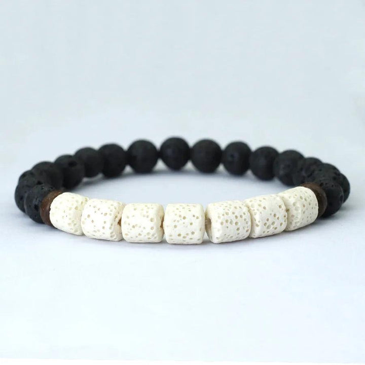 Natural Stone Coconut Bead Handmade Men's Bracelet with black lava stone and white textured coconut beads for grounding.