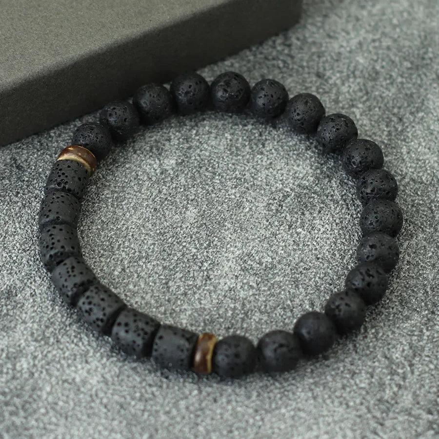 Natural Stone Coconut Bead Handmade Men's Bracelet with grounding lava stone and warm coconut accents.