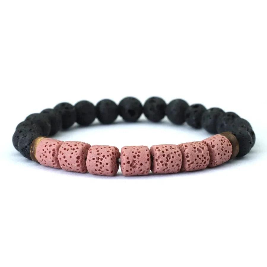 Natural Stone Coconut Bead Handmade Men's Bracelet with black lava and pink cube beads for grounding and stability.