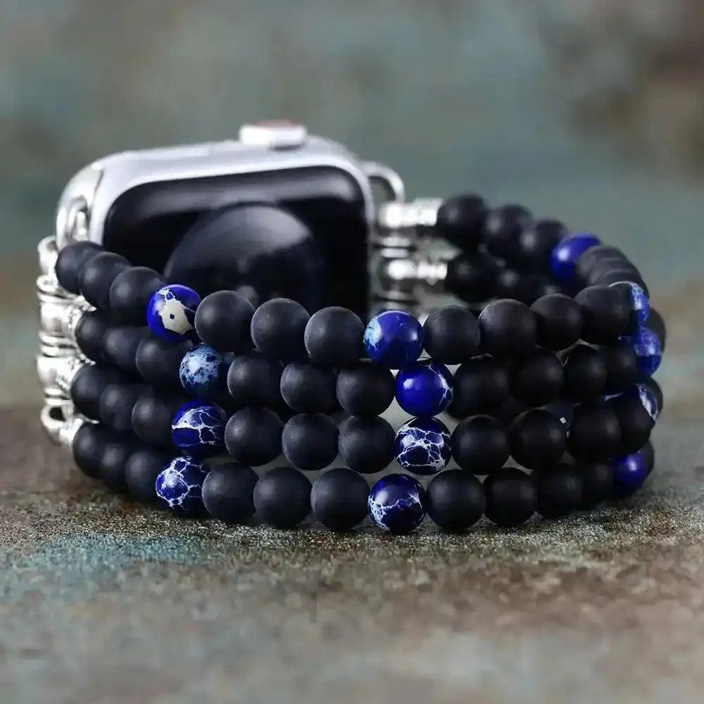 Multi-Row Natural Stone Apple Watch Band with black matte onyx and vibrant blue sodalite beads, offering grounding energy.