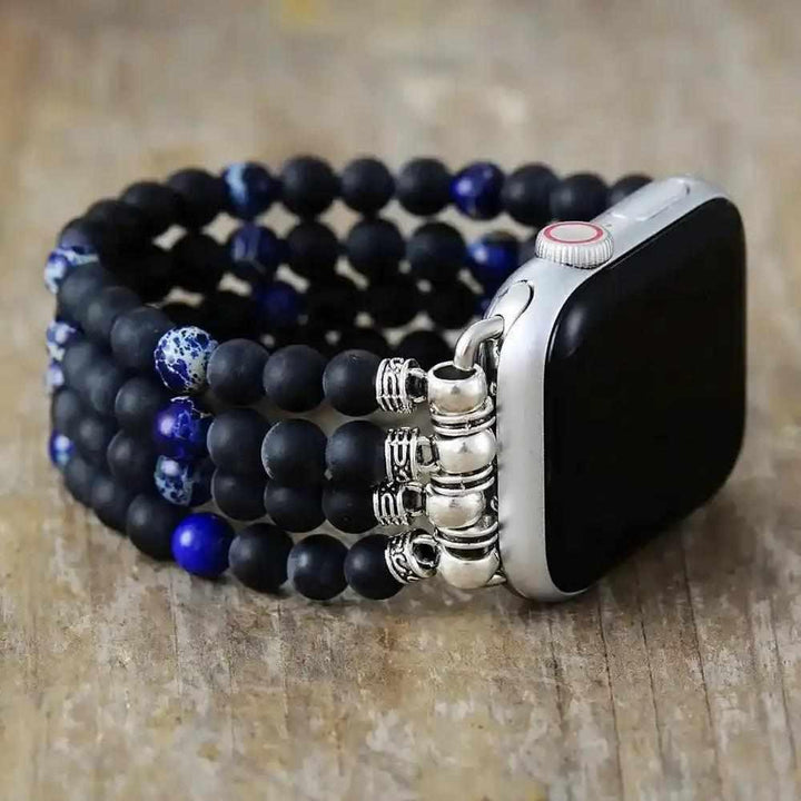 Multi-row Black Onyx & blue crystal beaded Apple Watch band for grounding & stability.
