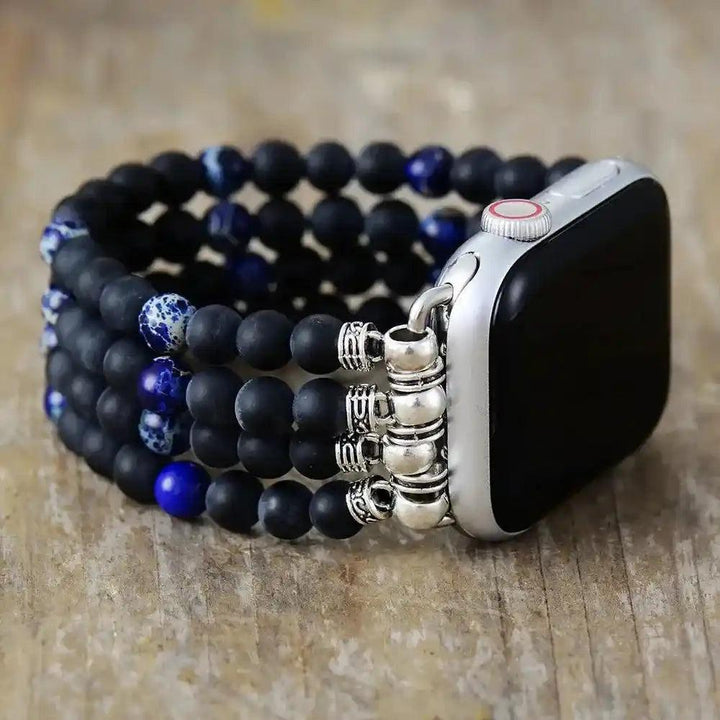 Multi-Row Natural Stone Apple Watch Band with black matte and blue sodalite beads, offering grounding and style.