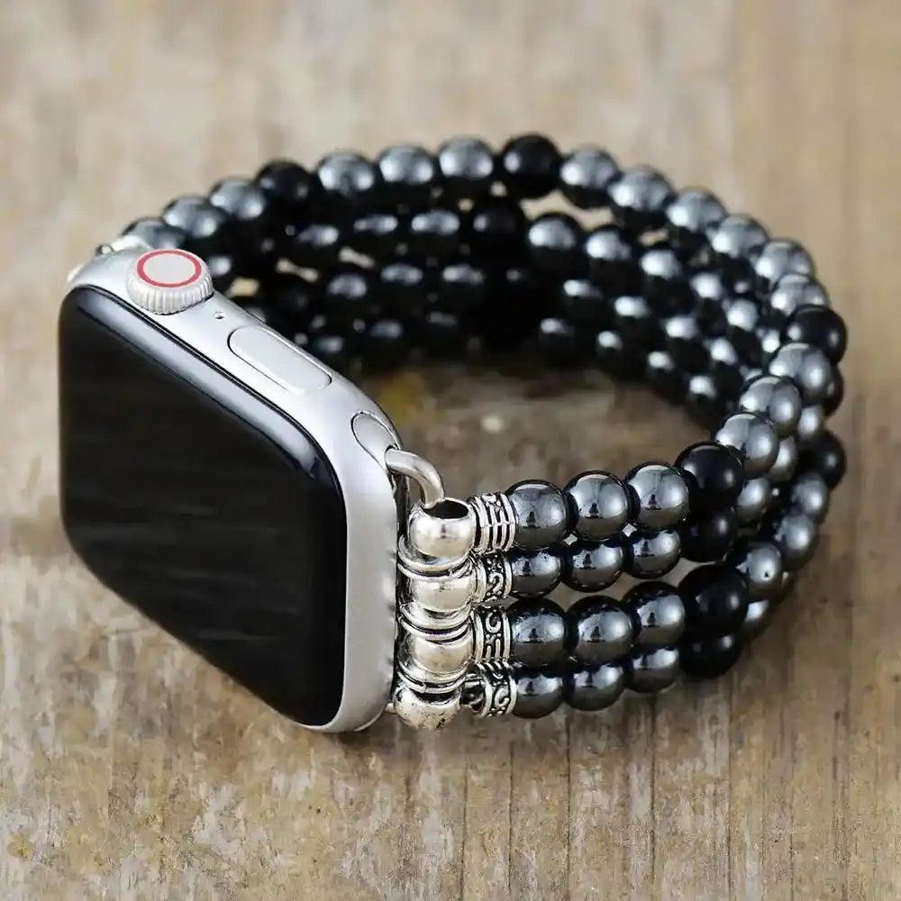 Multi-Row Natural Stone Apple Watch Band with grounding black and metallic gray beads, offering elegance and crystal energy.