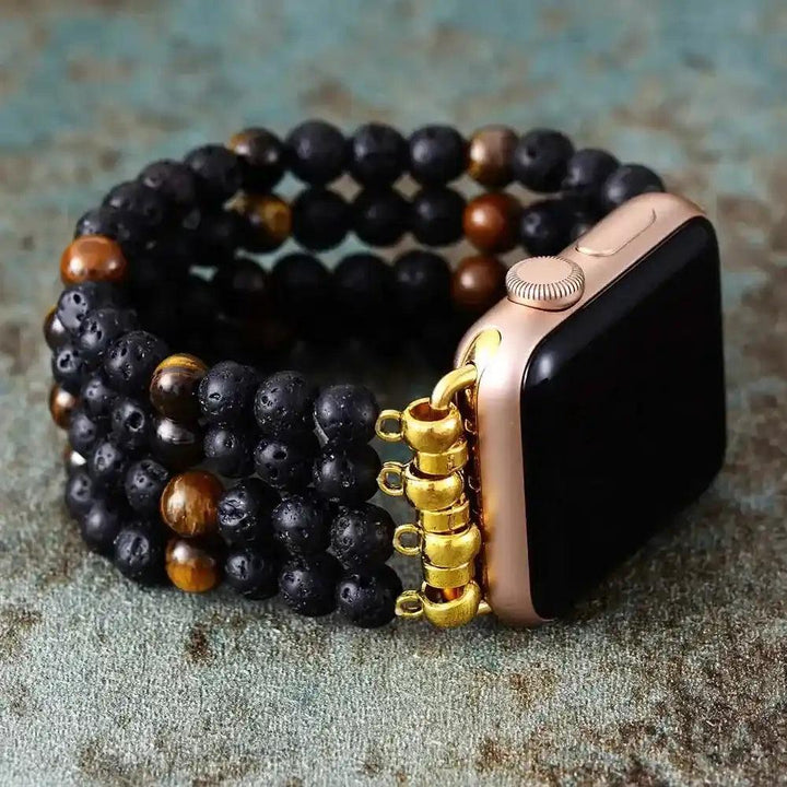 Multi-Row Natural Stone Apple Watch Band with black lava and brown tiger's eye beads for grounding and style.
