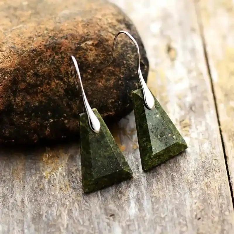Trapezoid Natural Stone Drop Earrings: Green natural gemstone earrings for balance & positive vibes.