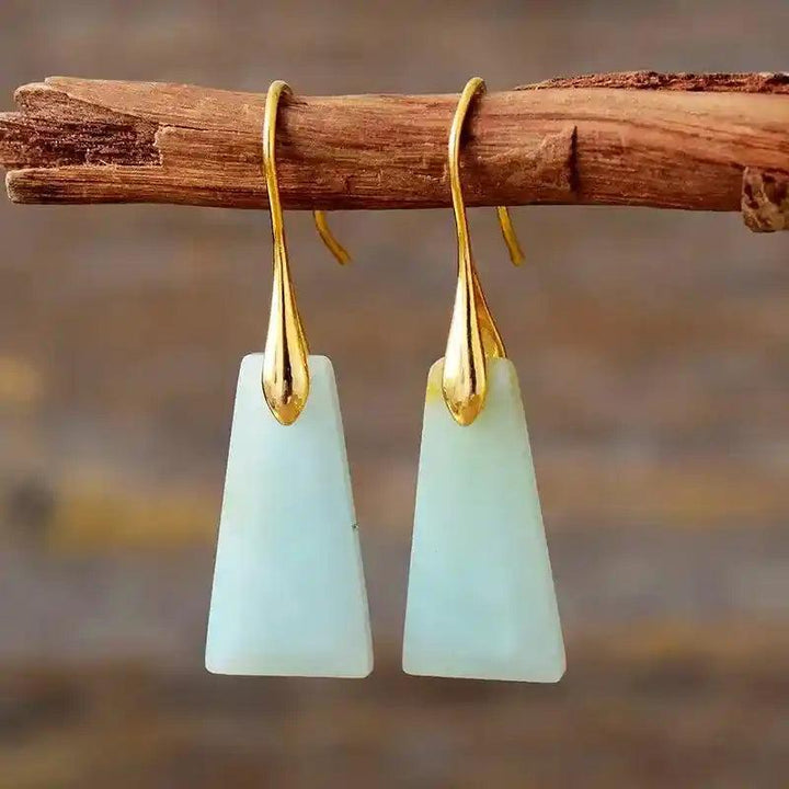 Trapezoid Natural Stone Drop Earrings with light blue gemstones and gold hooks, promoting balance and positive vibes.